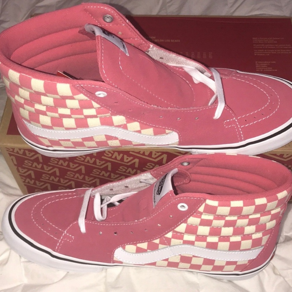 >Ⓜ️SH8-Hi PRO CHECKERBOARD DESERT ROSE WHITE ULTRA CUSH UNISEX BRAND NEW VANS😍